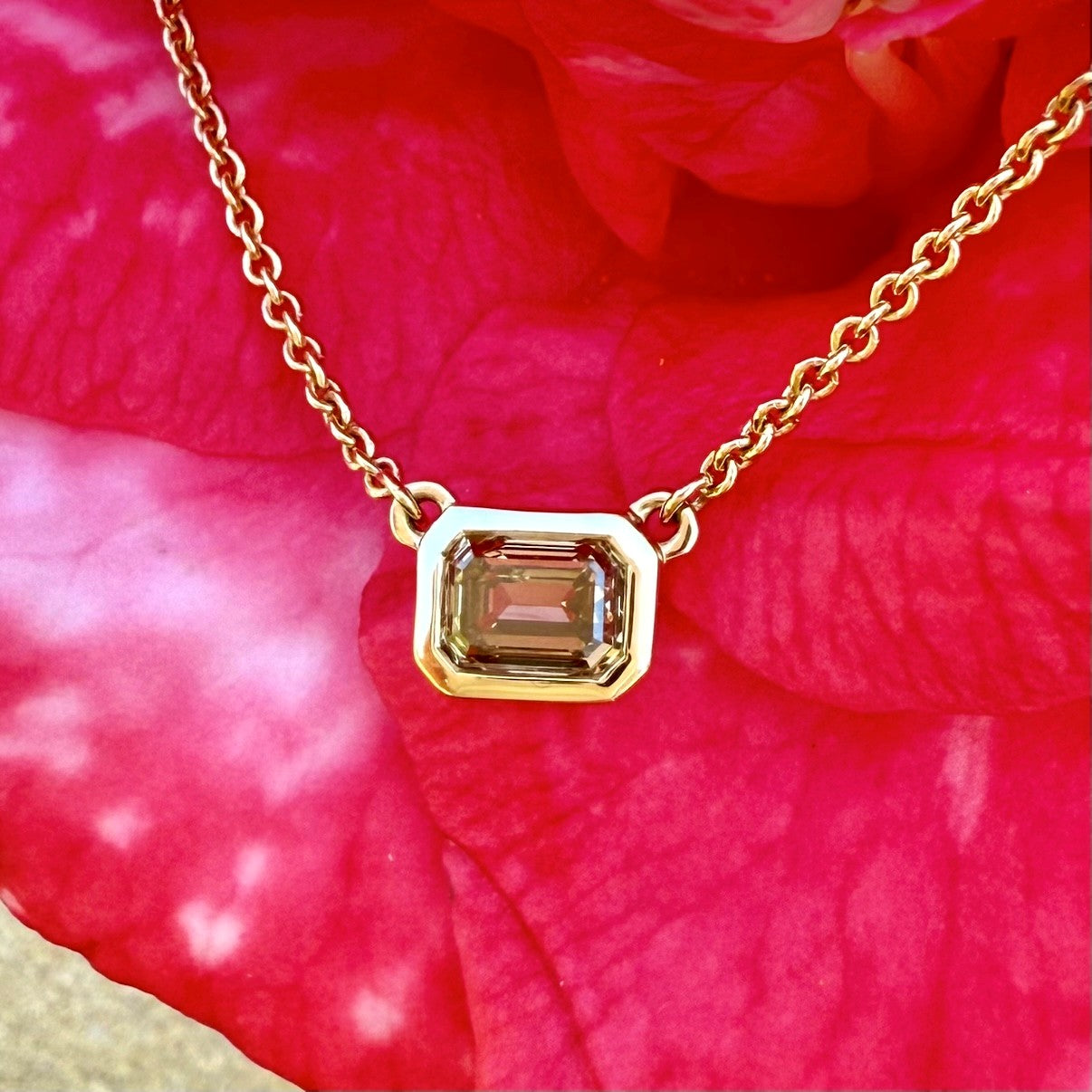 Bezel Set Champagne Emerald Diamond Necklace