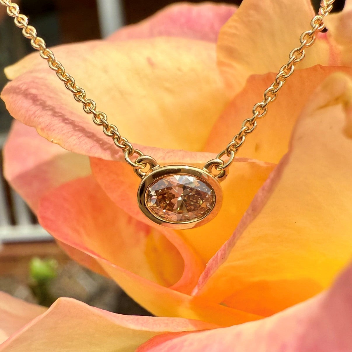 Bezel Set Champagne Oval Diamond Necklace