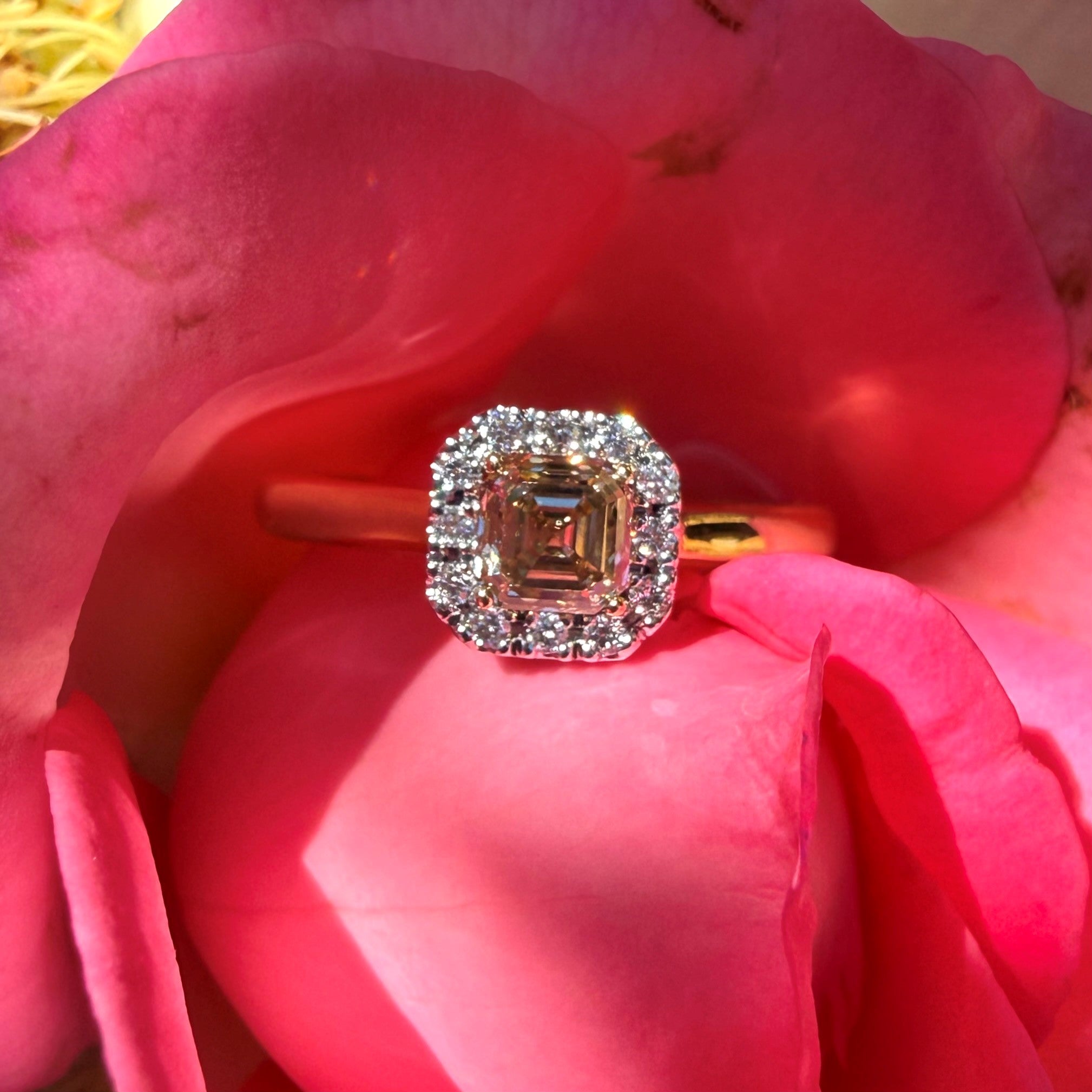 Asscher Cut Champagne Diamond Halo Ring